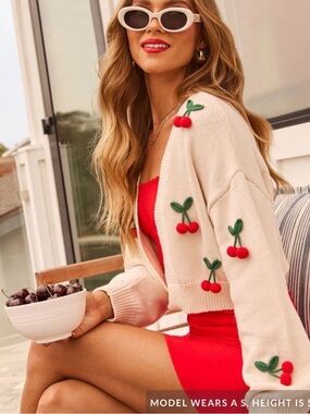 Cream Cherry Embroidered Cropped Cardigan Sweater VICI sold out online